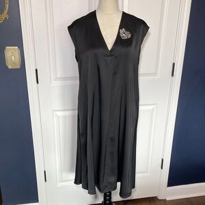 Collection Privee Italy Luxury Black V-Neck Satin Slip Dress Decorative Appliqué